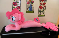 Size: 1280x819 | Tagged: safe, artist:purplenebulastudios, imported from derpibooru, pinkie pie, seapony (g4), irl, life size, photo, plushie, seaponified, seapony pinkie pie, solo, species swap