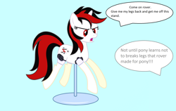 Size: 2426x1536 | Tagged: safe, artist:draymanor57, derpibooru exclusive, imported from derpibooru, oc, oc:blackjack, cyber pony, cyborg, cyborg pony, pony, unicorn, fallout equestria, fallout equestria: project horizons, amputee, blue background, cybernetic legs, dialogue, fanfic art, mannequin, offscreen character, quadruple amputee, simple background, stand