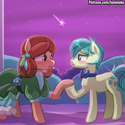 Size: 750x750 | Tagged: safe, artist:lumineko, imported from derpibooru, sandbar, yona, earth pony, pony, season 9, she's all yak, spoiler:s09, blushing, bow, clothes, cute, dress, female, g4, holding hooves, interspecies, looking at each other, male, mare, patreon, ponified, pony yona, race swap, sandabetes, scene interpretation, shipping, shooting star, smiling, species swap, stallion, straight, teenager, yonabar, yonadorable