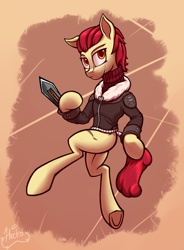 Size: 1400x1900 | Tagged: safe, artist:hc0, imported from derpibooru, apple bloom, pony, blade, bomber jacket, clothes, female, jacket, older, scar, solo, sweater