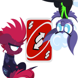 Size: 1000x1000 | Tagged: safe, artist:dragonpone, derpibooru exclusive, imported from derpibooru, rolling thunder, tempest shadow, pegasus, pony, unicorn, the washouts (episode), angry, blush sticker, blushing, broken horn, card, cheek fluff, clothes, duo, eye scar, female, floppy ears, frown, horn, lineless, mare, reverse card, scar, simple background, sitting, smiling, transparent background, uniform, uno, uno reverse card, upside down, washouts uniform