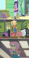 Size: 1075x2151 | Tagged: safe, edit, imported from derpibooru, screencap, applejack, fluttershy, twilight sparkle, equestria girls, equestria girls series, five to nine, my little shop of horrors, so much more to me, applejack's bedroom, clothes, eyes closed, female, geode of fauna, geode of super strength, geode of telekinesis, glasses, hairpin, magical geodes, shorts