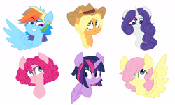 Size: 6582x3984 | Tagged: safe, artist:chub-wub, imported from derpibooru, applejack, fluttershy, pinkie pie, rainbow dash, rarity, twilight sparkle, alicorn, earth pony, pegasus, pony, unicorn, alternate hairstyle, braid, cowboy hat, cute, ear piercing, earring, female, hat, jewelry, mane six, mare, piercing, simple background, smiling, twilight sparkle (alicorn), white background