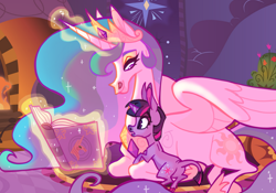 Size: 3000x2100 | Tagged: safe, artist:janegumball, imported from derpibooru, princess celestia, twilight sparkle, alicorn, classical unicorn, pony, unicorn, book, cloven hooves, cute, female, filly, filly twilight sparkle, fireplace, glowing horn, hoers, horn, leonine tail, magic, momlestia, prone, reading, smiling, telekinesis, twiabetes, unicorn twilight, unshorn fetlocks, younger