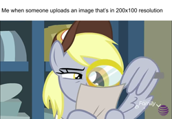 Size: 991x684 | Tagged: safe, edit, edited screencap, editor:countcoltnackh, imported from derpibooru, screencap, derpy hooves, pegasus, pony, derpibooru, best gift ever, discovery family logo, exploitable meme, female, magnifying glass, mailmare, meme, meta, paper, solo, squint, text, wing hands, wings