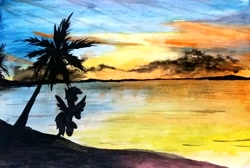 Size: 3447x2322 | Tagged: safe, artist:liaaqila, imported from derpibooru, rainbow dash, pony, beach, female, palm tree, scenery, silhouette, solo, sunset, traditional art, tree, water