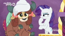 Size: 1366x768 | Tagged: safe, imported from derpibooru, screencap, opalescence, rarity, yona, cat, pony, unicorn, yak, she's all yak, bipedal, bow, cloven hooves, discovery family logo, duo, female, hair bow, mare, monkey swings