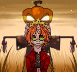 Size: 1509x1419 | Tagged: safe, artist:honeytoxant, imported from derpibooru, oc, oc only, oc:etoz, pony, unicorn, clothes, crown, female, horn, jewelry, mare, pumpkin, regalia, sad, scarecrow, shirt, t-shirt