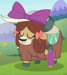 Size: 684x768 | Tagged: safe, imported from derpibooru, screencap, yona, yak, she's all yak, bow, cloven hooves, cropped, cute, female, hair bow, hat, monkey swings, solo, sophisticated as hell, umbrella, yonadorable