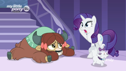 Size: 1366x768 | Tagged: safe, imported from derpibooru, screencap, opalescence, rarity, yona, cat, pony, unicorn, yak, she's all yak, bow, cloven hooves, discovery family logo, duo, female, hair bow, mare, monkey swings, stairs