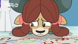 Size: 1366x768 | Tagged: safe, imported from derpibooru, screencap, yona, she's all yak, chart, discovery family logo, dotted line, female, hoofprints, map, paper, sad, solo
