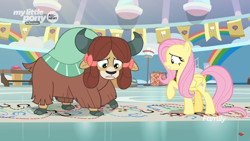 Size: 1366x768 | Tagged: safe, imported from derpibooru, screencap, fluttershy, yona, pegasus, pony, yak, she's all yak, bow, chart, cloven hooves, dotted line, duo, female, gym, hair bow, hoofprints, mare, monkey swings, paper