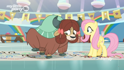 Size: 1364x768 | Tagged: safe, imported from derpibooru, screencap, fluttershy, yona, pegasus, pony, yak, she's all yak, bow, chart, cloven hooves, dotted line, duo, female, gym, hair bow, hoofprints, mare, monkey swings, nervous, paper, twisting