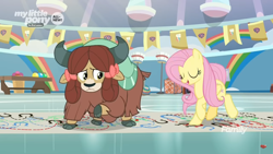Size: 1366x768 | Tagged: safe, imported from derpibooru, screencap, fluttershy, yona, pegasus, pony, yak, she's all yak, bow, chart, cloven hooves, crossed hooves, dancing, dotted line, duo, female, gym, hair bow, hoofprints, mare, monkey swings, paper, twisting