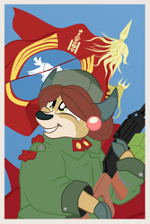 Size: 1440x2154 | Tagged: safe, artist:aaronmk, imported from derpibooru, yona, pony, yak, bow, clothes, cloven hooves, communism, female, flag, gun, hair bow, hammer and sickle, hat, mongolia, monkey swings, pkm, ponified, quadrupedal, smiling, uniform, ushanka, weapon