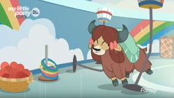 Size: 1366x768 | Tagged: safe, imported from derpibooru, screencap, yona, yak, she's all yak, ball, bow, bucket, cloven hooves, destruction, discovery family logo, female, gym, hair bow, monkey swings, solo, wrecked