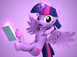 Size: 2904x2160 | Tagged: safe, artist:xppp1n, deleted from derpibooru, imported from derpibooru, twilight sparkle, alicorn, pony, 3d, armpits, book, female, levitation, looking at you, magic, mare, purple background, simple background, solo, source filmmaker, telekinesis, twilight sparkle (alicorn)