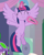 Size: 562x697 | Tagged: safe, imported from derpibooru, screencap, spike, twilight sparkle, alicorn, dragon, pony, she's all yak, clothes, costume, cropped, cute, eyes closed, female, flying, glowing horn, horn, levitation, magic, male, microphone, offscreen character, smiling, solo focus, spread wings, t pose, telekinesis, twiabetes, twilight sparkle (alicorn), winged spike, wings