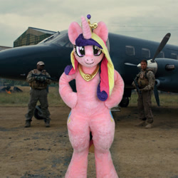 Size: 1000x1000 | Tagged: safe, edit, imported from derpibooru, princess cadance, pony, baneposting, bill wilson, button lee, cia (batman), fursuit, irl, looking at you, photo, plane, smee, the dark knight rises, wreckage brother