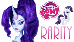 Size: 1280x720 | Tagged: safe, imported from derpibooru, rarity, pony, equestria girls, doll, female, irl, lipstick, my little pony, my little pony logo, photo, simple background, text, toy