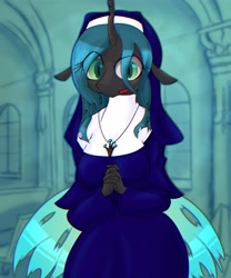 Size: 3413x4096 | Tagged: safe, artist:zemlya, imported from derpibooru, queen chrysalis, anthro, changeling, changeling queen, chrysanun, female, jewelry, looking at you, necklace, nun, solo