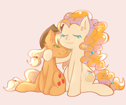 Size: 1200x1000 | Tagged: safe, artist:whiskyice, imported from derpibooru, applejack, pear butter, earth pony, pony, eyes closed, female, mare, mother and daughter, orange background, simple background
