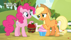 Size: 1366x768 | Tagged: safe, imported from derpibooru, screencap, applejack, pinkie pie, pony, she's all yak, bucket, cute, discovery family logo, jackabetes, outdoors, sweet apple acres