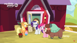 Size: 1366x768 | Tagged: safe, imported from derpibooru, screencap, applejack, pinkie pie, rarity, yona, she's all yak, barn, bucket, discovery family logo, door, fence, sweet apple acres