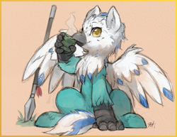 Size: 2475x1914 | Tagged: safe, artist:alts-art, imported from derpibooru, oc, oc only, oc:sea foam, classical hippogriff, hippogriff, beak, colored plumage, colored sketch, colored wings, food, grass, hippogriff oc, looking at you, orange background, plumage, simple background, sketch, solo, spear, spread wings, talons, tea, watercolor painting, weapon, wings
