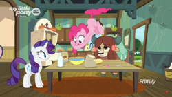 Size: 1366x768 | Tagged: safe, imported from derpibooru, screencap, pinkie pie, rarity, snips, yona, earth pony, pony, unicorn, yak, she's all yak, bow, bowl, bucket, butter, carpet, cloven hooves, discovery family logo, female, flour, food, hair bow, hoof hold, kitchen, mare, milk bottle, mixing bowl, monkey swings, pie, pies, spoon, sugar (food), table, tailcopter, trio