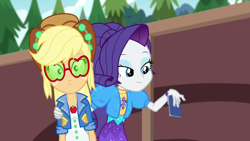 Size: 1280x720 | Tagged: safe, imported from derpibooru, screencap, applejack, rarity, equestria girls, equestria girls series, festival filters, spoiler:eqg series (season 2), cellphone, clothes, dress, hat, jacket, phone, shipping fuel, sunglasses