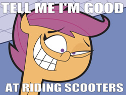 Size: 664x504 | Tagged: safe, editor:undeadponysoldier, imported from derpibooru, scootaloo, pegasus, pony, caption, creepy, eye twitch, fairly odd parents, female, filly, image macro, meme, smiling, tell me i'm pretty, text, the fairly oddparents, trixie tang