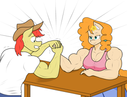 Size: 2145x1648 | Tagged: safe, artist:matchstickman, imported from derpibooru, bright mac, pear butter, anthro, earth pony, arm wrestling, biceps, breasts, bright mac's hat, brightbutter, busty pear butter, clothes, deltoids, duo, female, grin, jeans, male, mare, matchstickman's pear buffer series, might mac, muscles, muscular female, nervous, nervous grin, pants, pear buffer, pecs, shipping, shirt, simple background, sleeveless shirt, smiling, stallion, straight, sweat, sweatdrop, table, triceps, white background