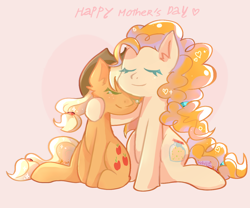 Size: 1200x1000 | Tagged: dead source, safe, alternate version, artist:whiskyice, imported from derpibooru, applejack, pear butter, earth pony, pony, cowboy hat, duo, eyes closed, female, hat, mare, mother and daughter, mother's day, orange background, simple background
