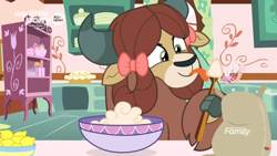 Size: 1366x768 | Tagged: safe, imported from derpibooru, screencap, yona, yak, she's all yak, batter, bow, bowl, cloven hooves, cooking, discovery family logo, dough, female, flour, food, hair bow, jar, kitchen, lemon, licking, mixing bowl, monkey swings, pie, plate, solo, sugarcube corner, tongue out