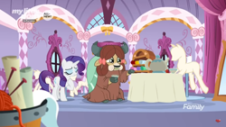 Size: 1366x768 | Tagged: safe, imported from derpibooru, screencap, rarity, yona, pony, unicorn, yak, she's all yak, boutique, bow, brussel sprouts, bucket, carousel boutique, cloven hooves, cute, discovery family logo, duo, fabric, female, hair bow, mannequin, mare, monkey swings, munching, table, window, yarn, yonadorable