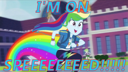 Size: 800x450 | Tagged: safe, edit, edited screencap, imported from derpibooru, screencap, cherry crash, golden hazel, mystery mint, normal norman, rainbow dash, scott green, sophisticata, bird, equestria girls, equestria girls series, run to break free, spoiler:eqg series (season 2), background human, canterlot high, clothes, converse, cute, dashabetes, female, geode of super speed, image macro, implied drugs, magical geodes, male, rainbow trail, running, shoes, slow motion, solo focus, stairs, text
