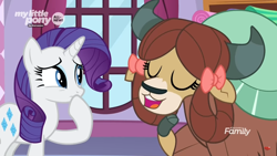 Size: 1366x768 | Tagged: safe, imported from derpibooru, screencap, rarity, yona, pony, unicorn, yak, she's all yak, boutique, bow, cloven hooves, discovery family logo, duo, female, hair bow, mare, monkey swings, window