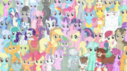 Size: 1920x1080 | Tagged: safe, imported from derpibooru, screencap, aloe, amethyst star, apple bloom, applejack, berry punch, berryshine, big macintosh, bon bon, bulk biceps, carrot cake, carrot top, cheerilee, cherry berry, cloudchaser, cup cake, daisy, derpy hooves, diamond tiara, dj pon-3, doctor whooves, flitter, flower wishes, fluttershy, golden harvest, granny smith, lemon hearts, lily, lily valley, linky, lotus blossom, lyra heartstrings, mayor mare, minuette, octavia melody, pinkie pie, pipsqueak, pokey pierce, pound cake, pumpkin cake, rainbow dash, rarity, roseluck, sassaflash, scootaloo, sea swirl, seafoam, shoeshine, silver spoon, snails, snips, sparkler, spike, spring melody, sprinkle medley, starlight glimmer, sunshower raindrops, sweetie belle, sweetie drops, thunderlane, time turner, twilight sparkle, twinkleshine, twist, vinyl scratch, yona, alicorn, earth pony, pony, unicorn, yak, season 5, season 9, she's all yak, the cutie re-mark, spoiler:s09, animated, animation error, colt, comparison, cutie mark crusaders, everypony at s5's finale, female, filly, fit right in, foal, gif, male, mare, puzzle, small wings, spa twins, spread wings, stallion, twilight sparkle (alicorn), wall of tags, wings