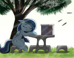 Size: 2040x1596 | Tagged: safe, artist:pencil bolt, imported from derpibooru, oc, oc:skydrop, pegasus, pony, box, feather, female, happy birthday, shadow, sleeping, table, tree