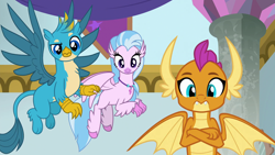 Size: 1920x1080 | Tagged: safe, imported from derpibooru, screencap, gallus, silverstream, smolder, classical hippogriff, dragon, griffon, hippogriff, she's all yak, crossed arms, dragoness, female, flying, looking at you, male, trio