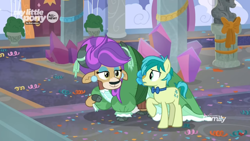 Size: 1366x768 | Tagged: safe, imported from derpibooru, screencap, sandbar, yona, earth pony, pony, yak, she's all yak, alternate hairstyle, bow, bowtie, carpet, clothes, cloven hooves, confetti, discovery family logo, dress, duo, ear piercing, earring, eyeshadow, female, jewelry, makeup, male, pearl earrings, piercing, purple hair, teenager, wig