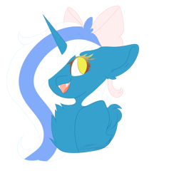 Size: 1024x1081 | Tagged: safe, artist:crunchycromch, imported from derpibooru, oc, oc only, oc:fleurbelle, alicorn, pony, alicorn oc, bow, fangs, female, hair bow, mare, yellow eyes