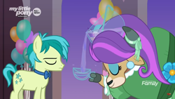 Size: 1366x768 | Tagged: safe, imported from derpibooru, screencap, sandbar, yona, earth pony, pony, yak, she's all yak, alternate hairstyle, balloon, bowing, bowl, bowtie, classy, cloven hooves, cup, discovery family logo, duo, ear piercing, earring, eyeshadow, female, flower, jewelry, majestic as fuck, makeup, male, piercing, pouring, punch (drink), punch bowl, teenager, wig