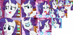 Size: 2958x1424 | Tagged: safe, edit, edited screencap, imported from derpibooru, screencap, rarity, pony, unicorn, she's all yak, cute, eyes closed, female, glasses, glowing horn, grin, horn, mare, open mouth, raised hoof, raribetes, shrunken pupils, smiling, solo, tongue out