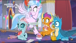 Size: 1366x768 | Tagged: safe, imported from derpibooru, screencap, gallus, ocellus, silverstream, smolder, she's all yak, card, card game, discovery family logo, eating, plate, playing card, stack