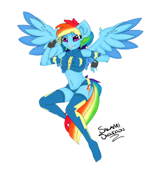 Size: 3302x3659 | Tagged: safe, artist:salamishowdown, imported from derpibooru, rainbow dash, anthro, pegasus, plantigrade anthro, belly button, clothes, female, fingerless gloves, gloves, midriff, shorts, simple background, solo, uniform, wonderbolts, wonderbolts uniform