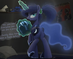 Size: 2000x1604 | Tagged: safe, alternate version, artist:ncmares, imported from derpibooru, princess luna, alicorn, pony, ask majesty incarnate, alternate hairstyle, armor, bad religion, blob ponies, butt, cartographer's cap, cute, dialogue, female, hat, looking at you, looking back, looking back at you, magic, mare, moonbutt, ncmares is trying to murder us, nightmare moon armor, open mouth, pillow, plot, ponytail, skippy, skippy the moonrock, solo, too many ponies