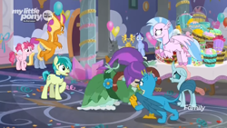 Size: 1366x768 | Tagged: safe, imported from derpibooru, screencap, gallus, ocellus, sandbar, silverstream, smolder, yona, she's all yak, balloon, blinded, bowtie, braid, bucket, clothes, discovery family logo, dress, flower, flying, misleading thumbnail, student six, wig