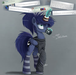 Size: 1500x1491 | Tagged: safe, alternate version, artist:ncmares, imported from derpibooru, princess luna, alicorn, pony, ask majesty incarnate, alternate hairstyle, ask, chest fluff, clothes, coffee, dialogue, donut, drinking, ear fluff, female, food, horn, horn impalement, magic, mare, one eye closed, ponytail, socks, solo, striped socks, telekinesis, text, the uses of unicorn horns, tumblr